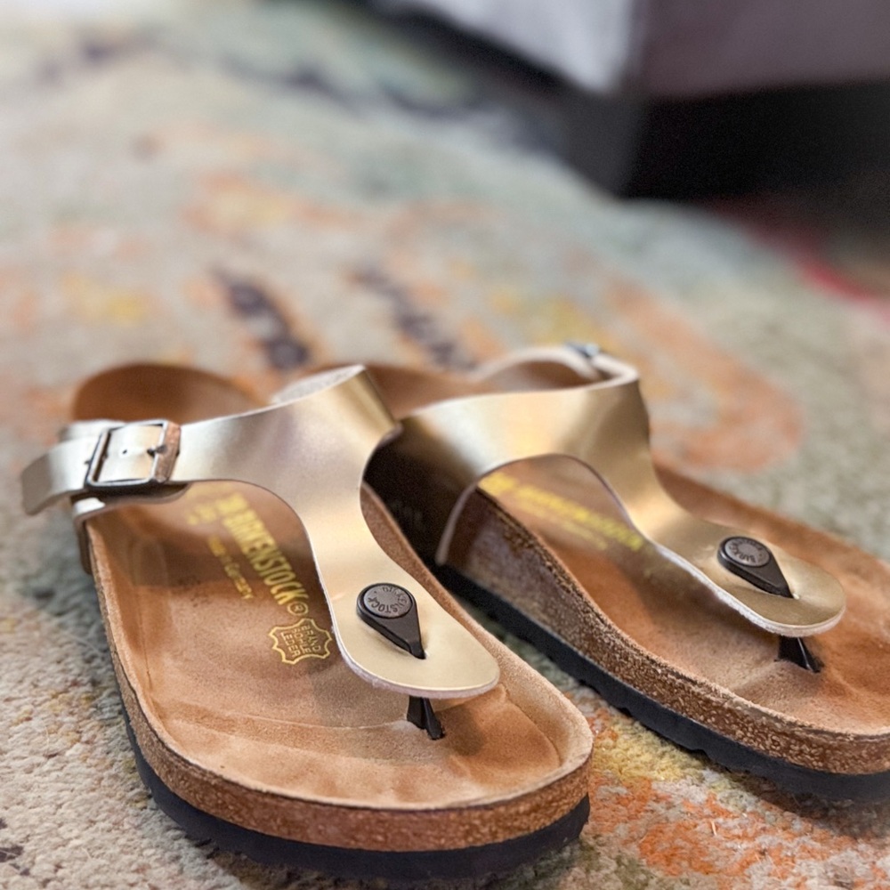 Birkenstock Gold Thong Sandals with Buckle